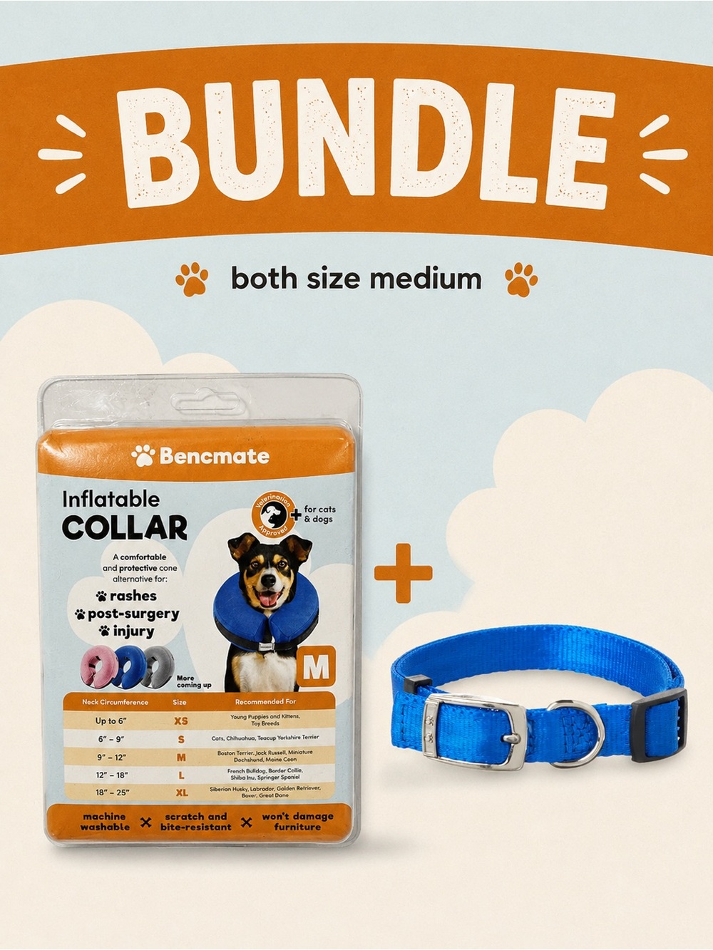 Bencmate Inflatable Dog Collar + Blue Nylon Collar Bundle